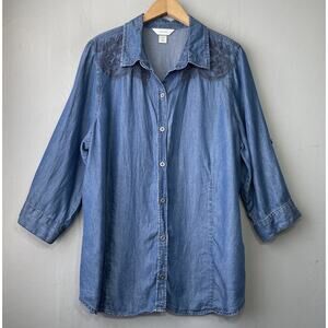 CJ Banks Chambray Button Up Denim Shirt Plus Size 1X Embroidered Boho Blue Jean
